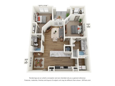 Floor plan for 2 beds, 2 baths, 1191 sqft